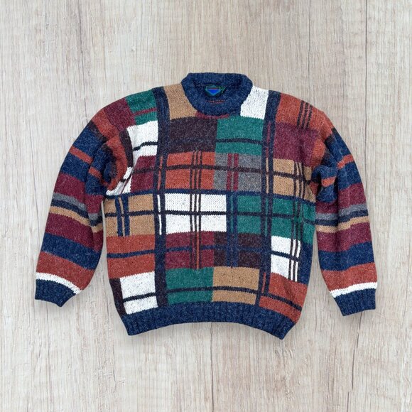 VTG Etchings Sweater Pullover Crew Neck Knit Wool Chunky Thick Retro Patchwork - Picture 1 of 8